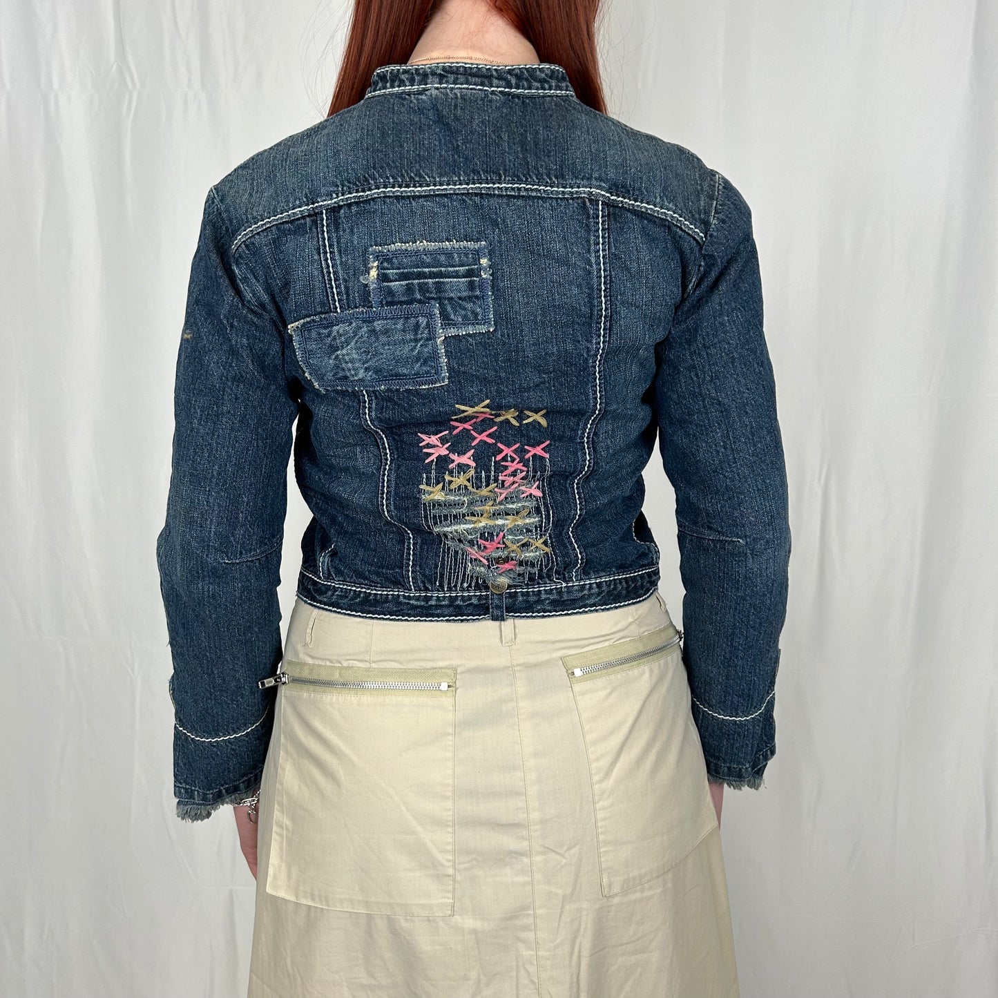 Vintage y2k style dark wash embroidered denim jacket