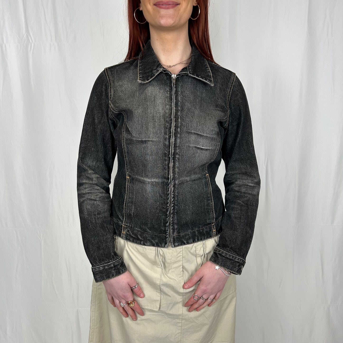 Vintage y2k style faded denim zip up jacket