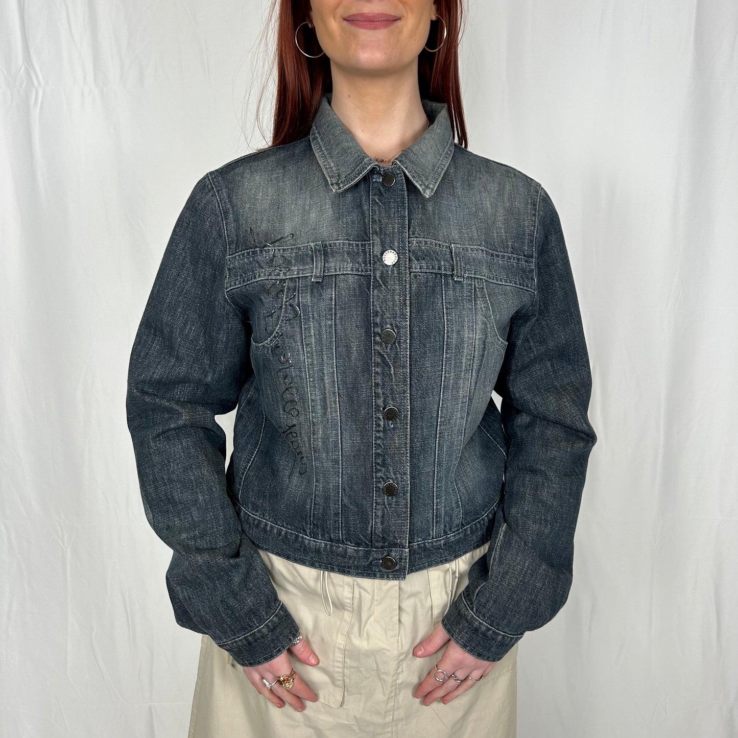 Vintage y2k style dark wash faded denim jacket