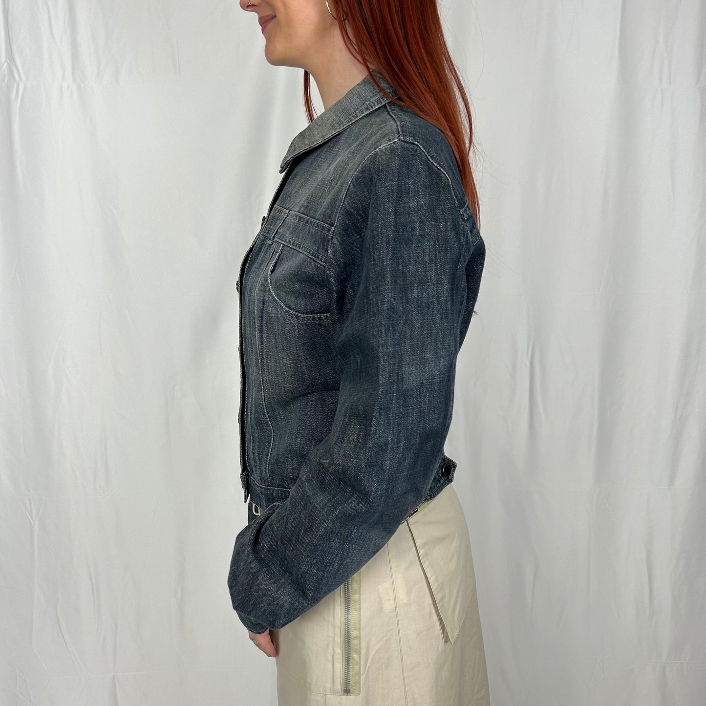 Vintage y2k style dark wash faded denim jacket