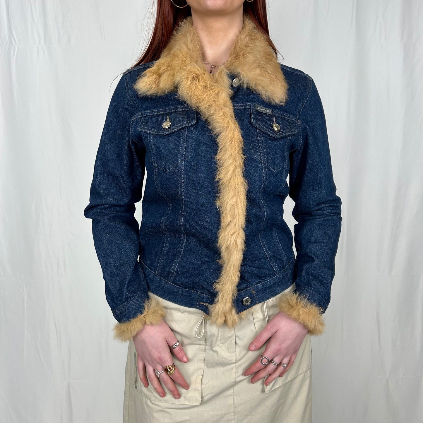 Vintage y2k style dark wash denim jacket with faux fur trims