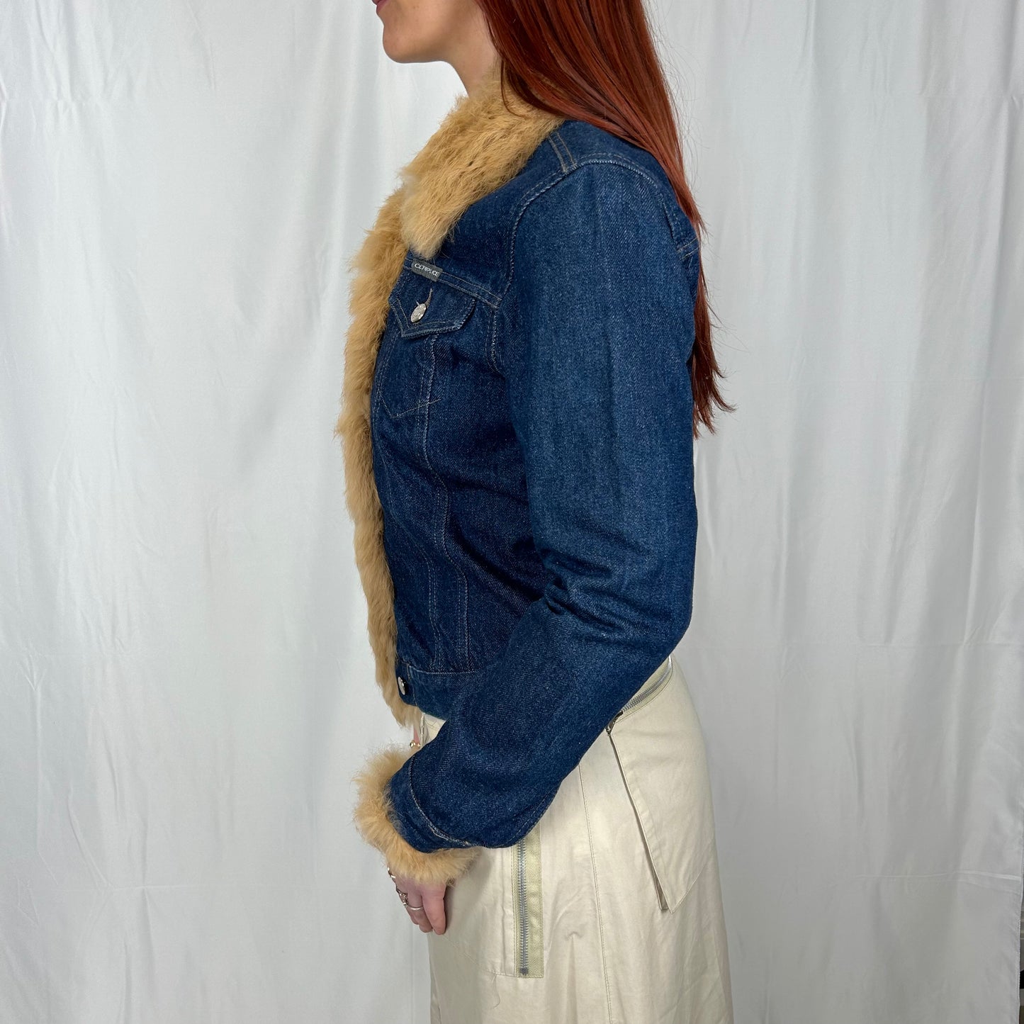 Vintage y2k style dark wash denim jacket with faux fur trims