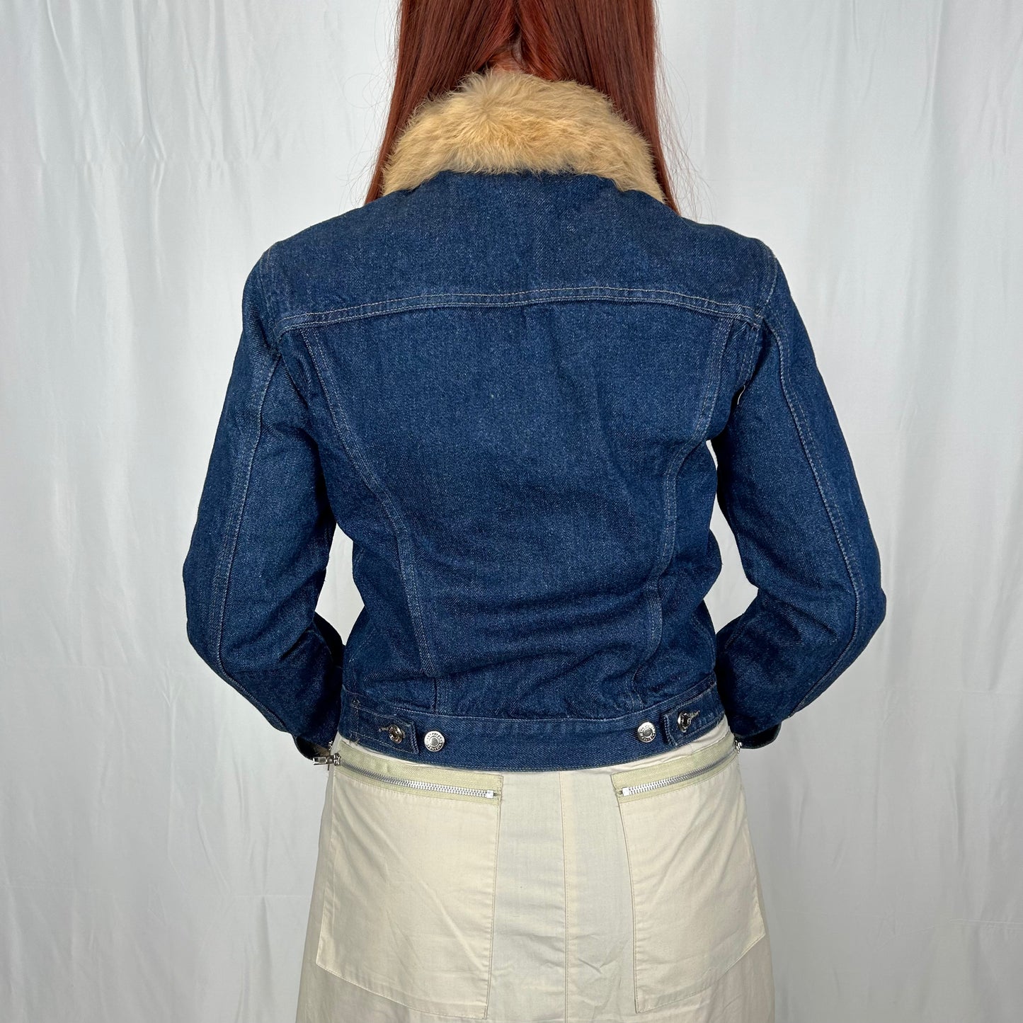 Vintage y2k style dark wash denim jacket with faux fur trims