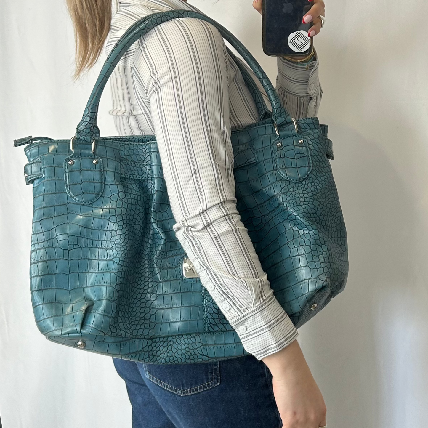 Vintage y2k style blue faux leather mock croc print shoulder bag