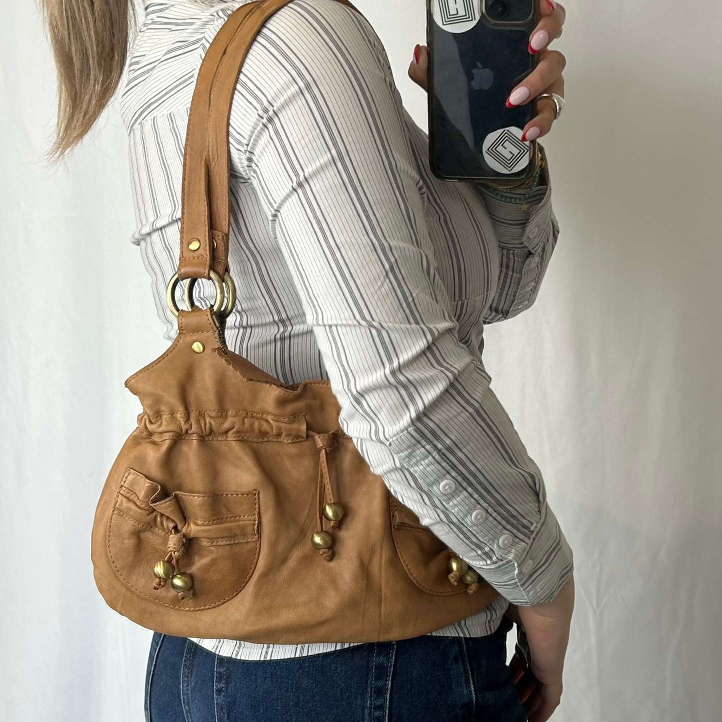 Vintage y2k style tan small soft leather shoulder bag