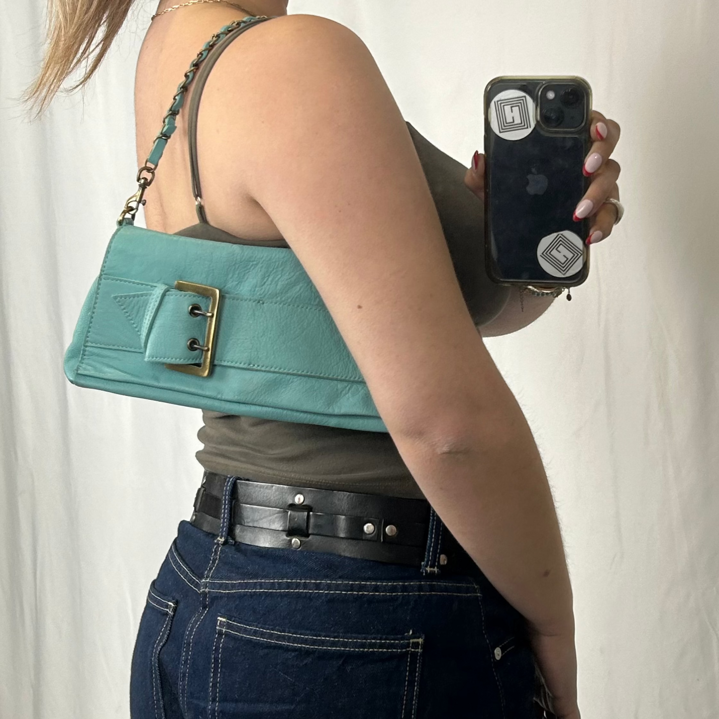 Vintage y2k style blue buckle leather shoulder bag