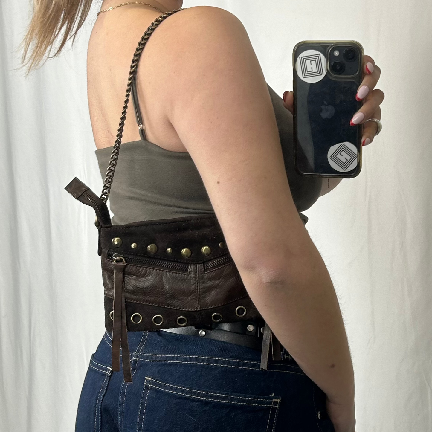 Vintage y2k style brown studded small leather shoulder bag