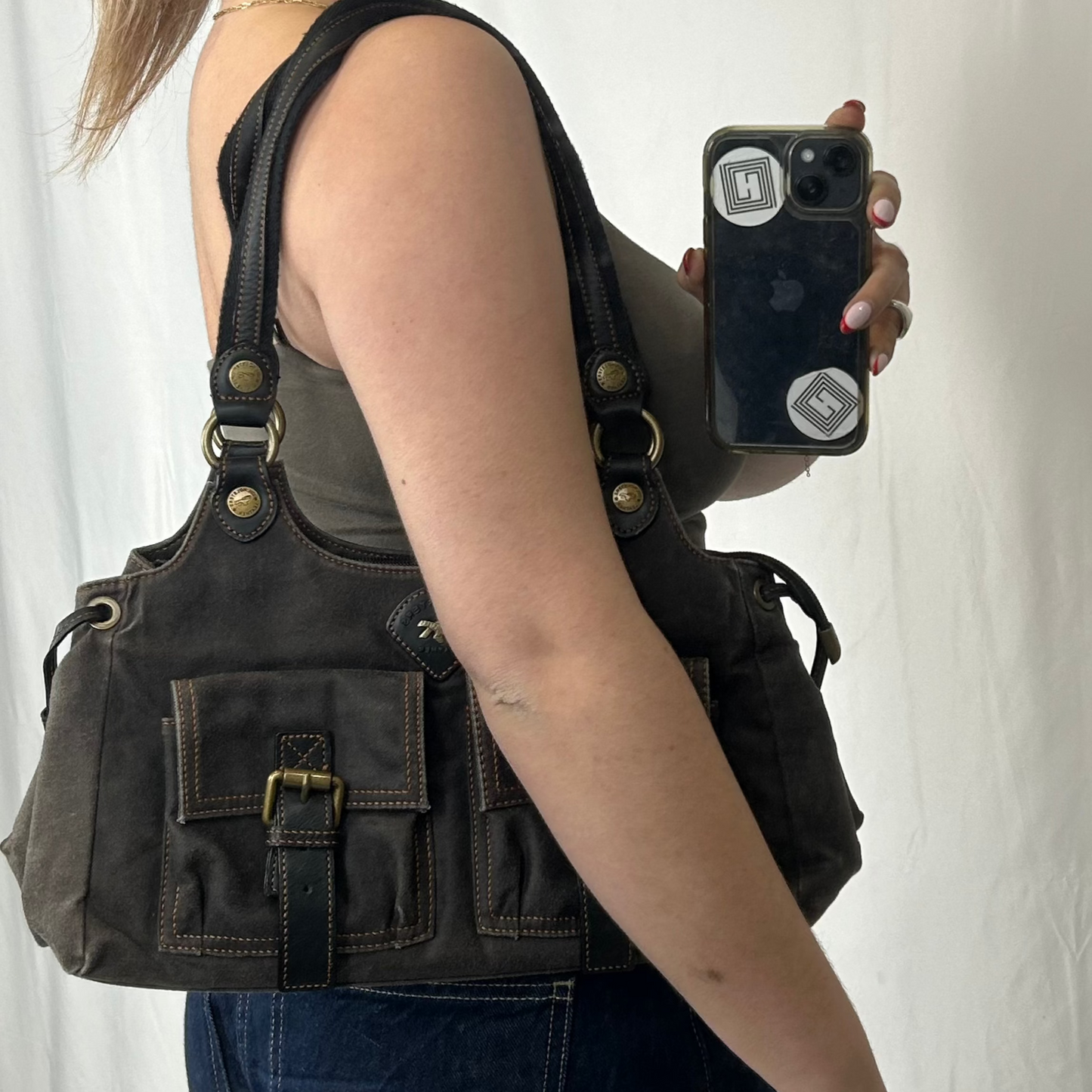 Vintage y2k style brown utility leather shoulder bag