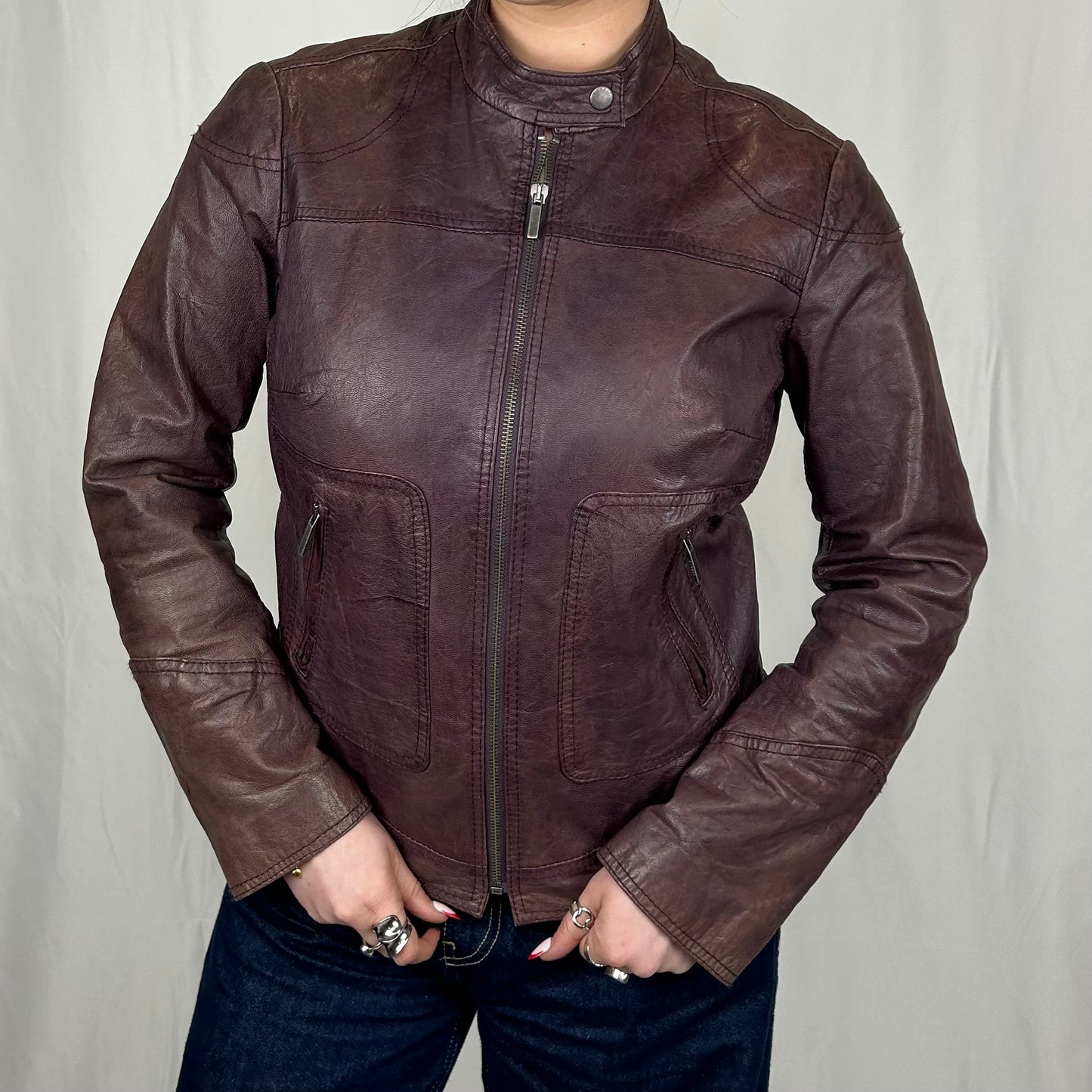 Vintage y2k style distressed purple moto leather jacket