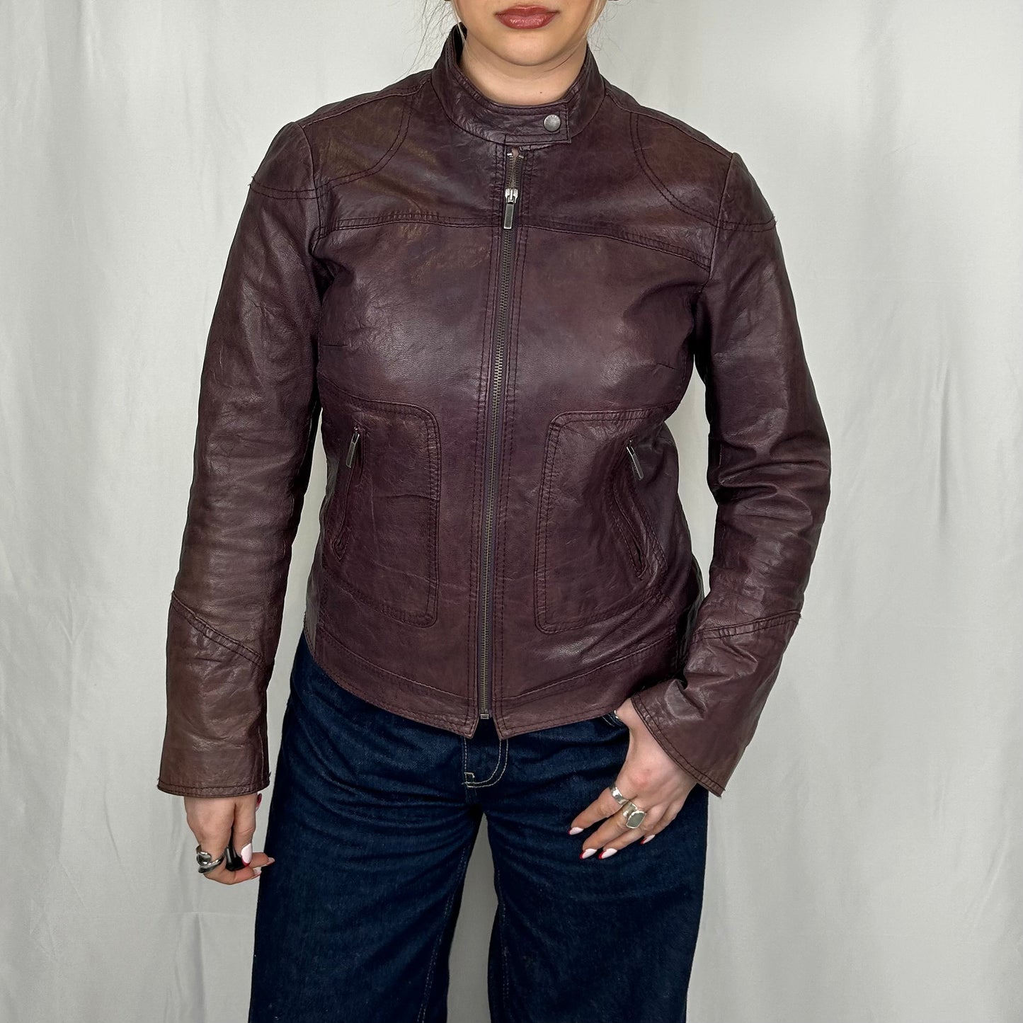 Vintage y2k style distressed purple moto leather jacket