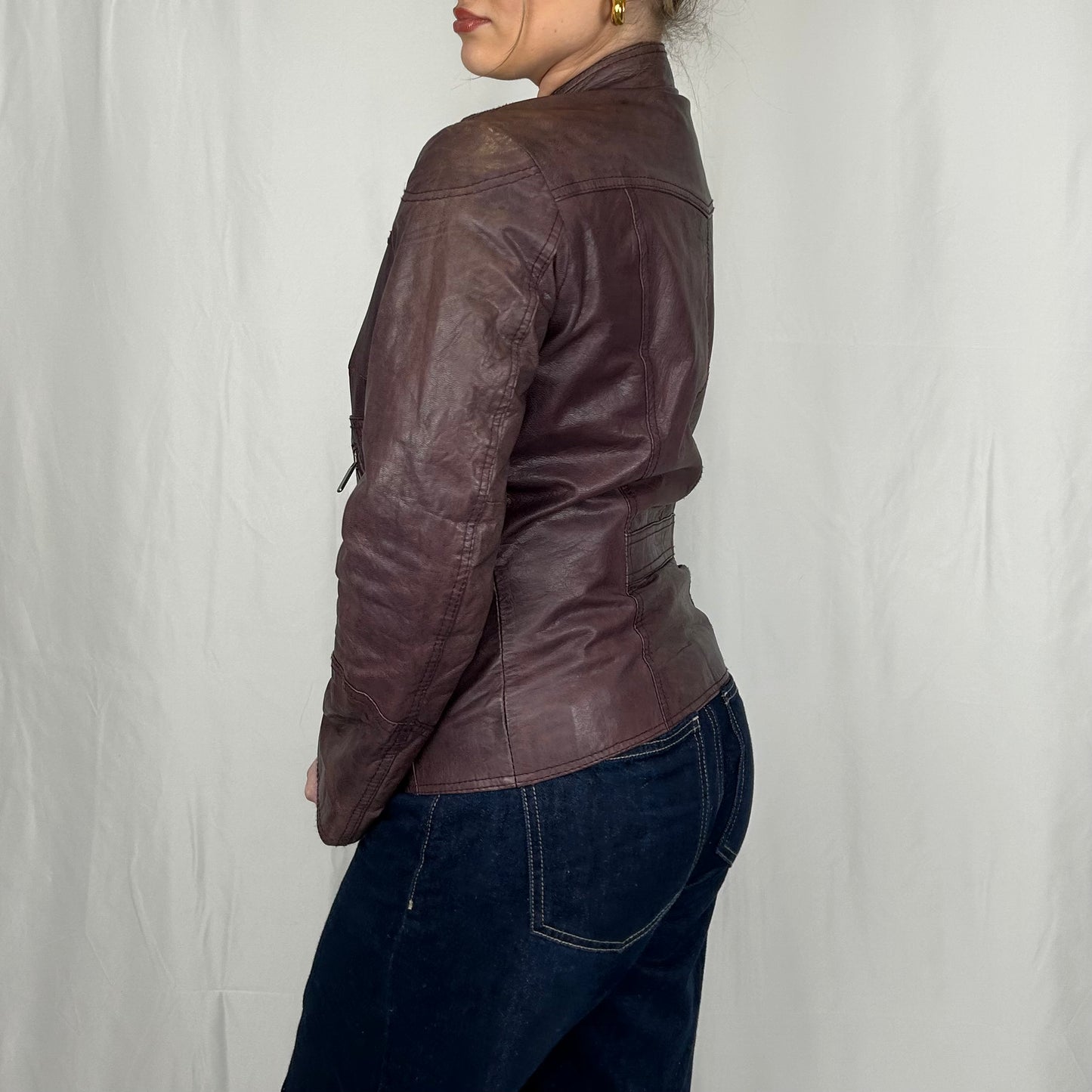 Vintage y2k style distressed purple moto leather jacket