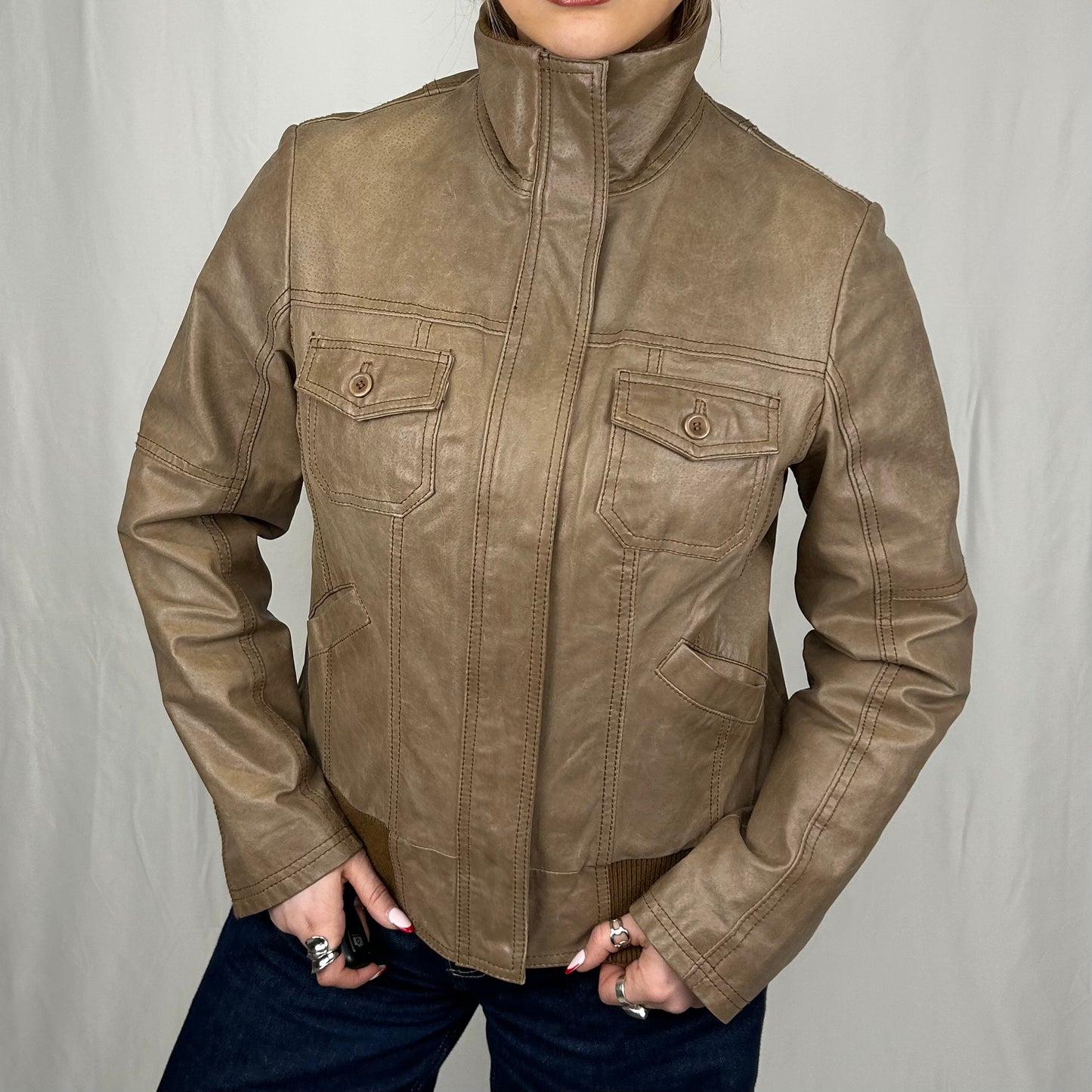 Vintage y2k style beige leather jacket