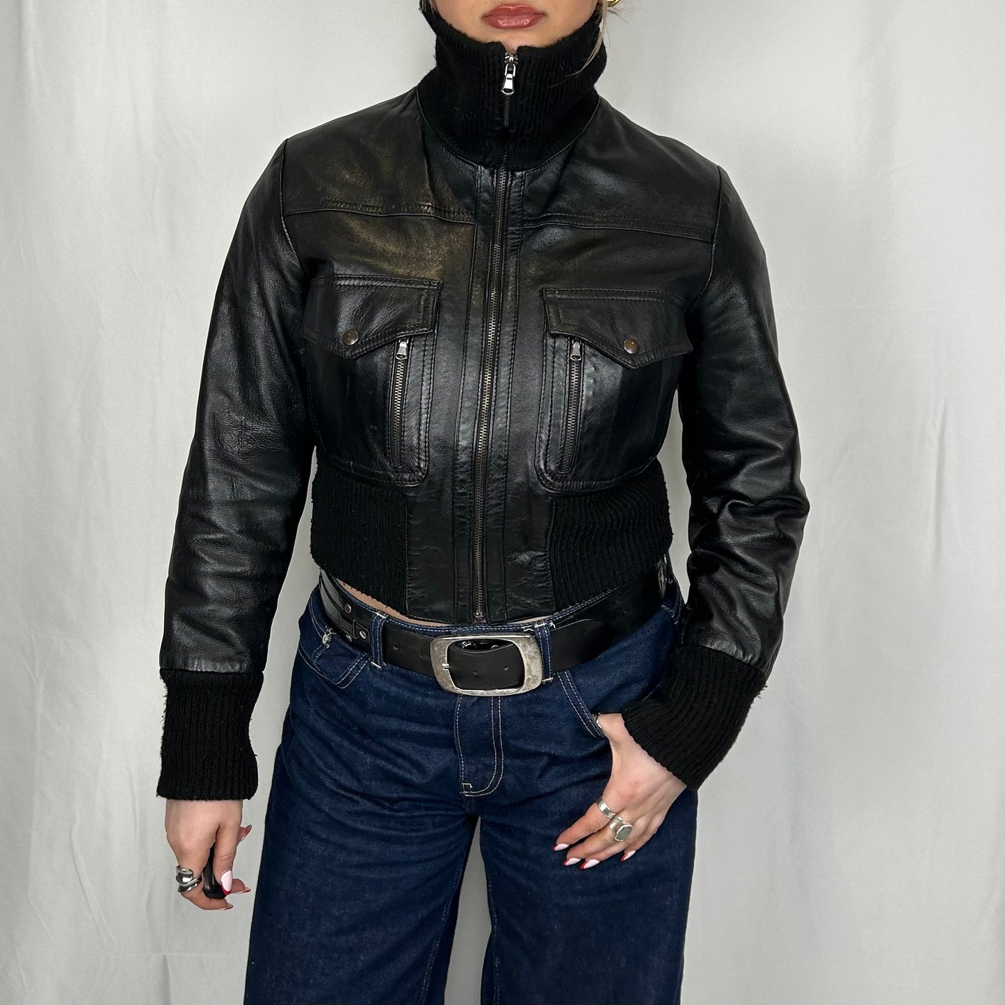 Vintage y2k style cropped boxy black leather jacket