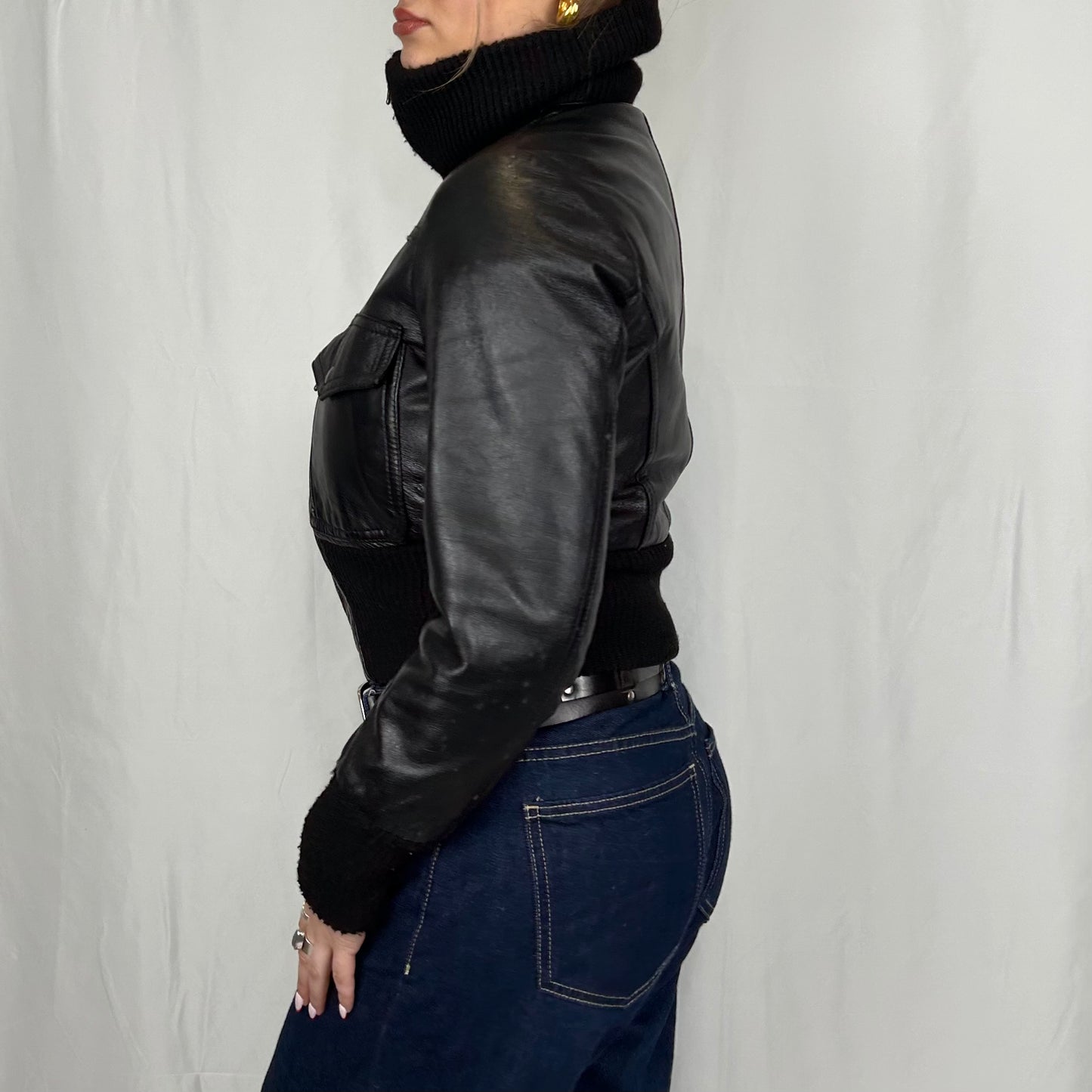 Vintage y2k style cropped boxy black leather jacket