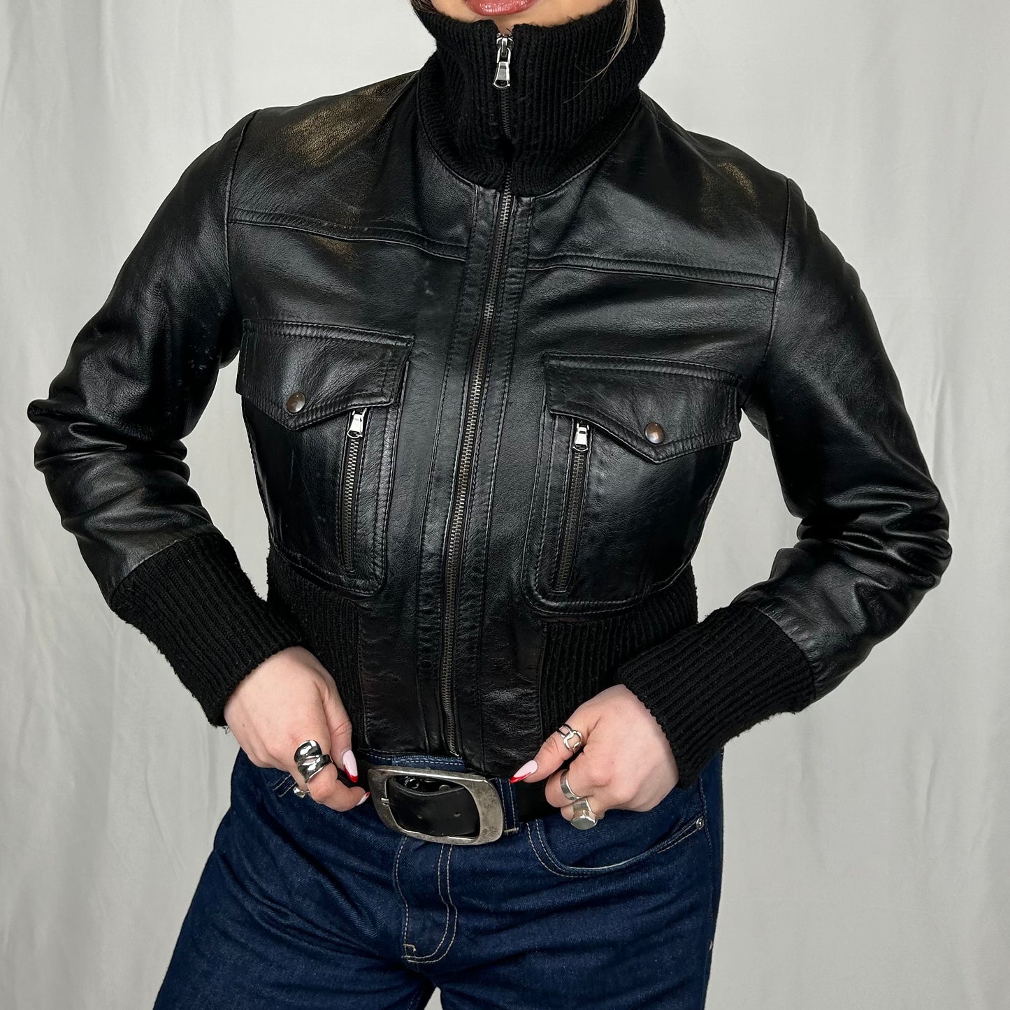 Vintage y2k style cropped boxy black leather jacket