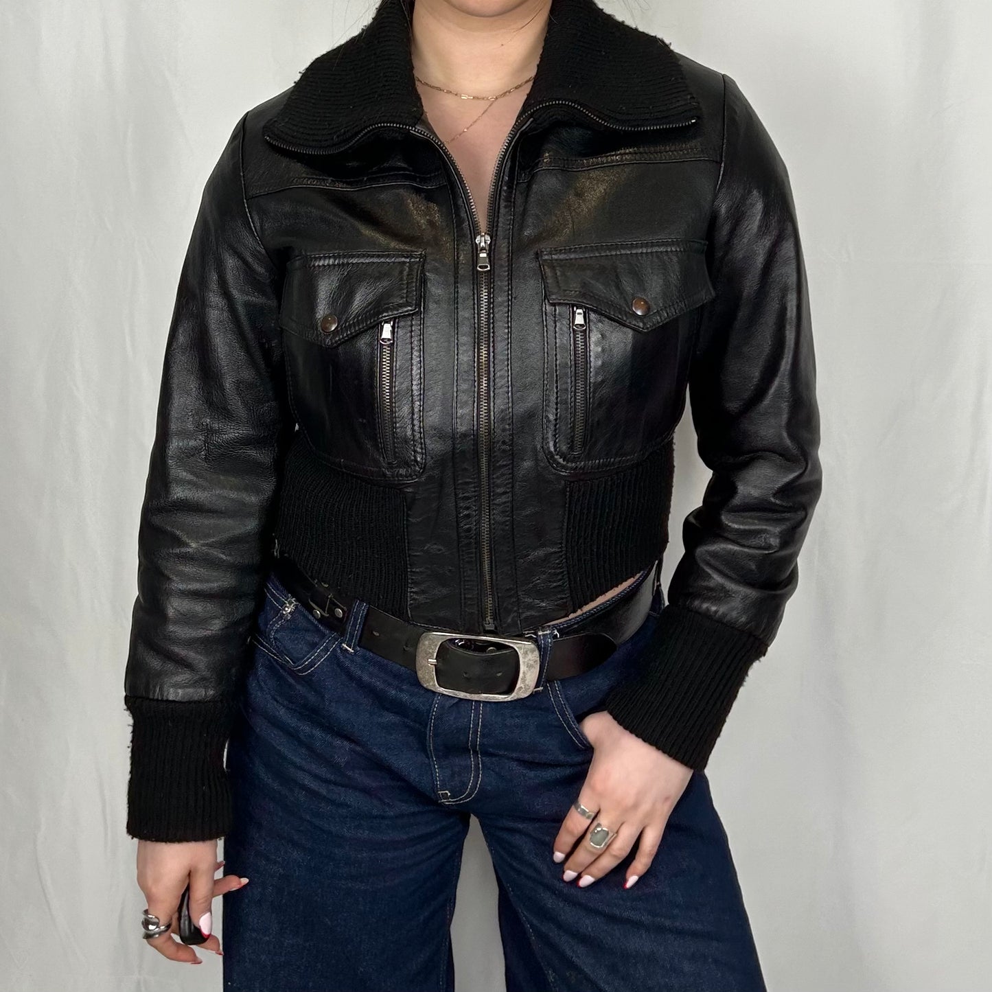 Vintage y2k style cropped boxy black leather jacket