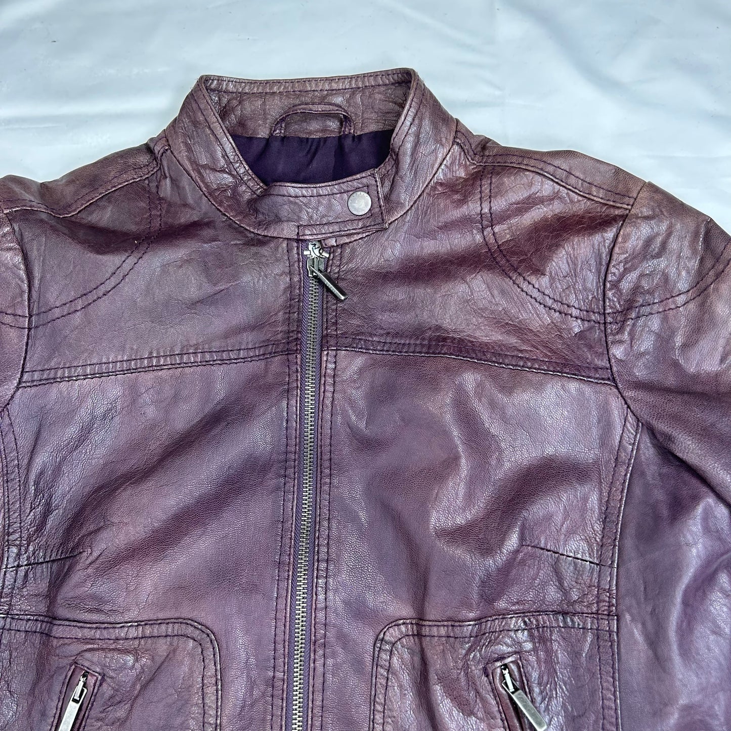 Vintage y2k style distressed purple moto leather jacket
