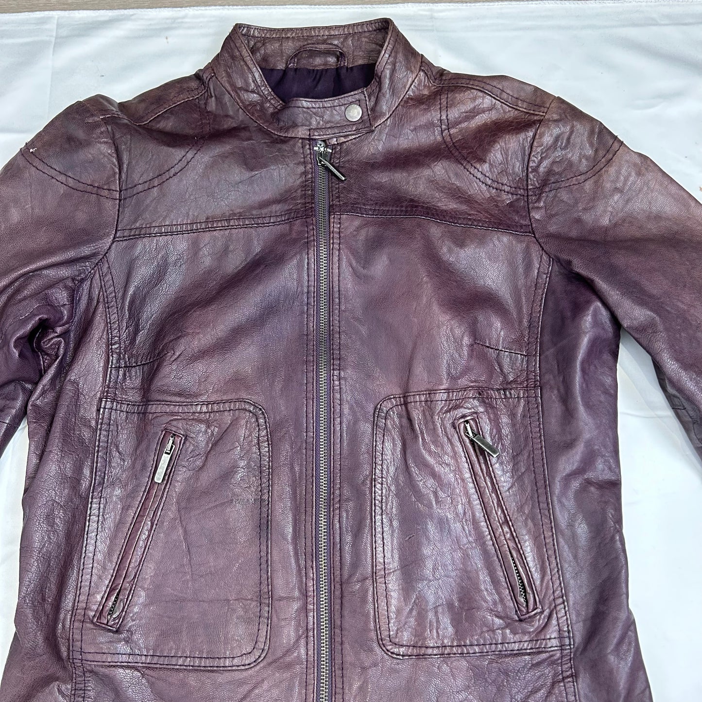 Vintage y2k style distressed purple moto leather jacket