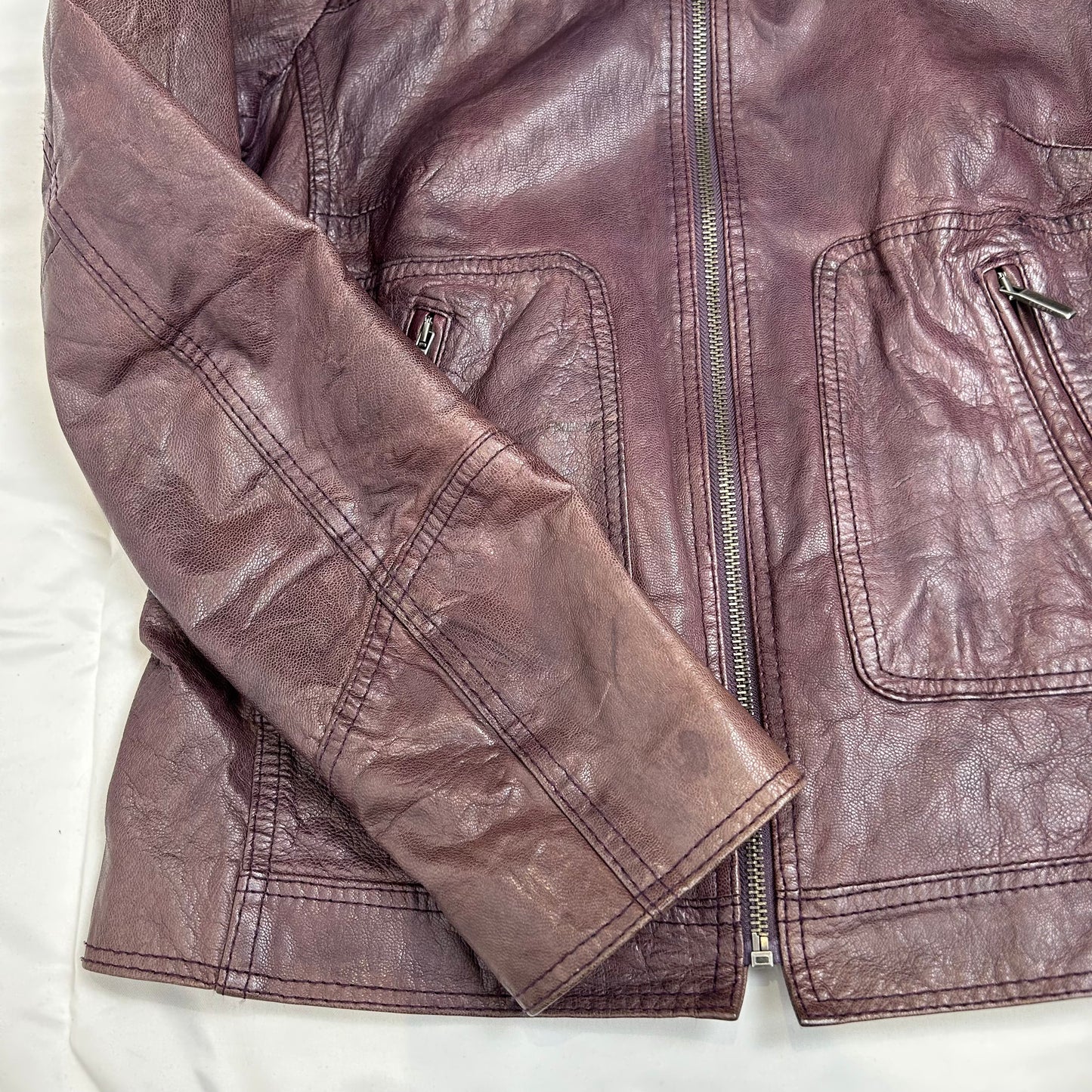 Vintage y2k style distressed purple moto leather jacket