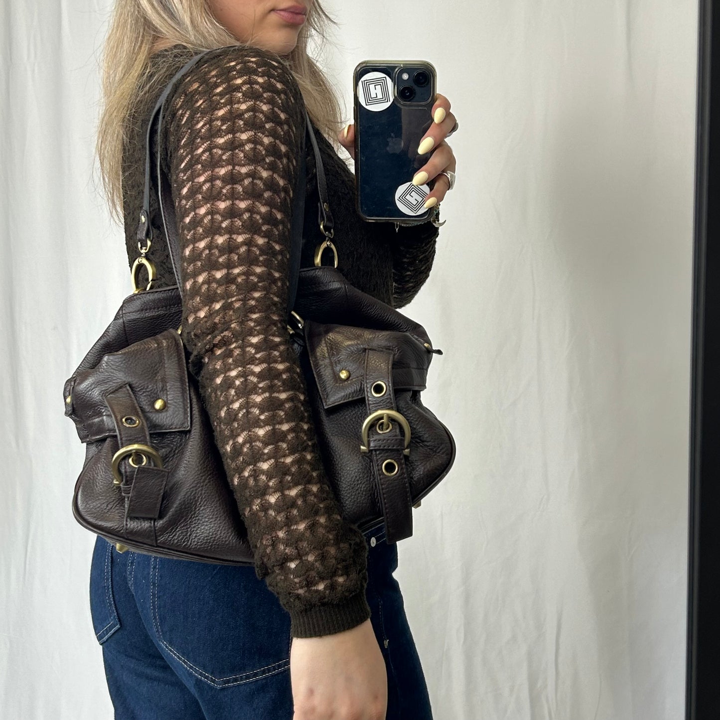 Vintage y2k style brown pebbled leather shoulder bag