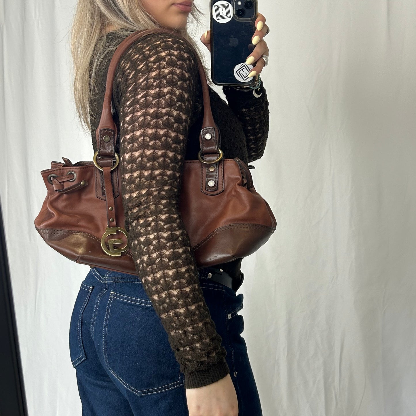 Vintage y2k style brown leather shoulder bag
