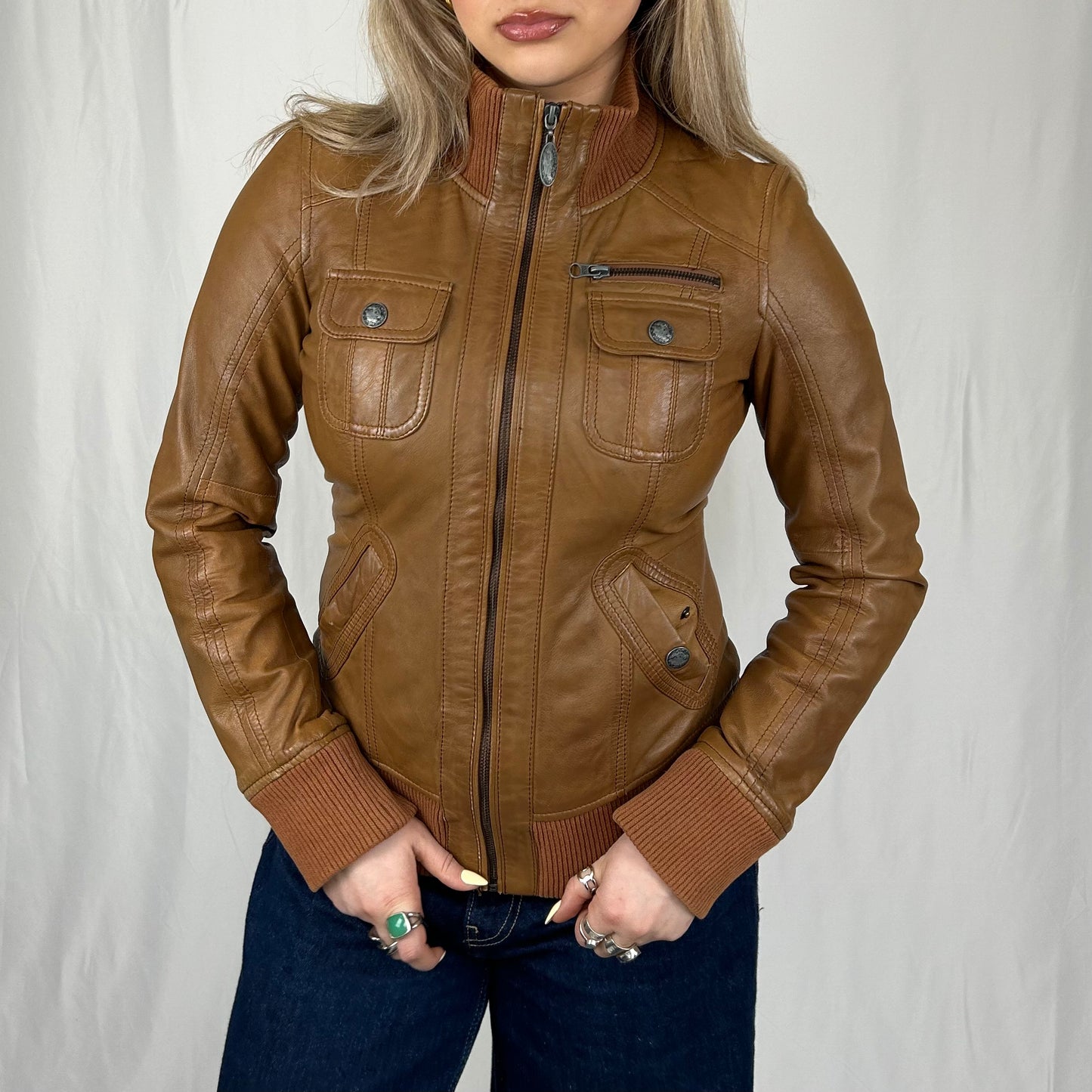 Vintage y2k style tan leather jacket