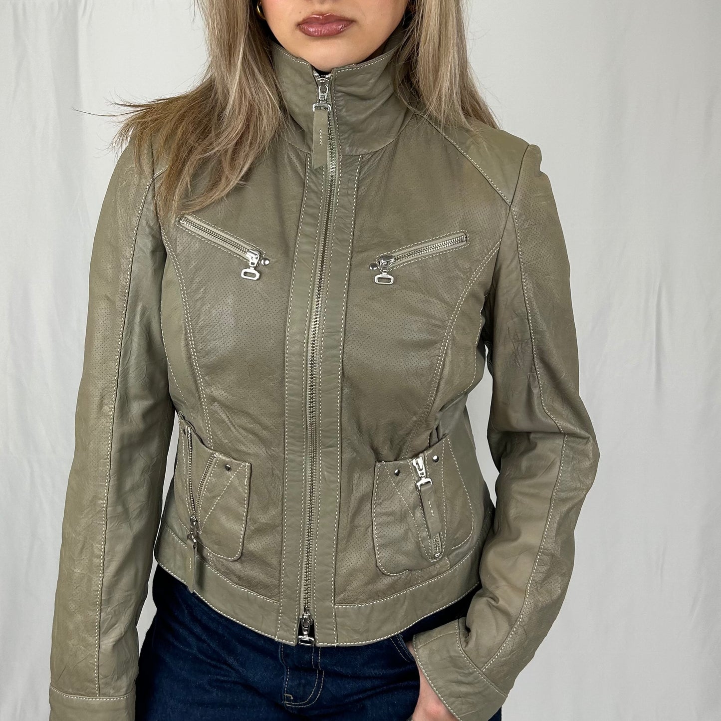 Vintage y2k style soft grey leather jacket