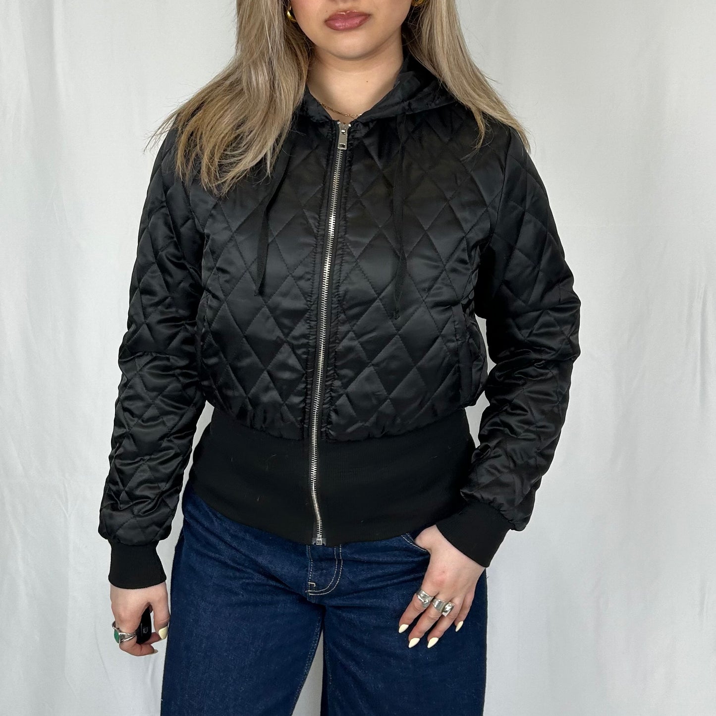Vintage y2k style black quilted hooded jacket