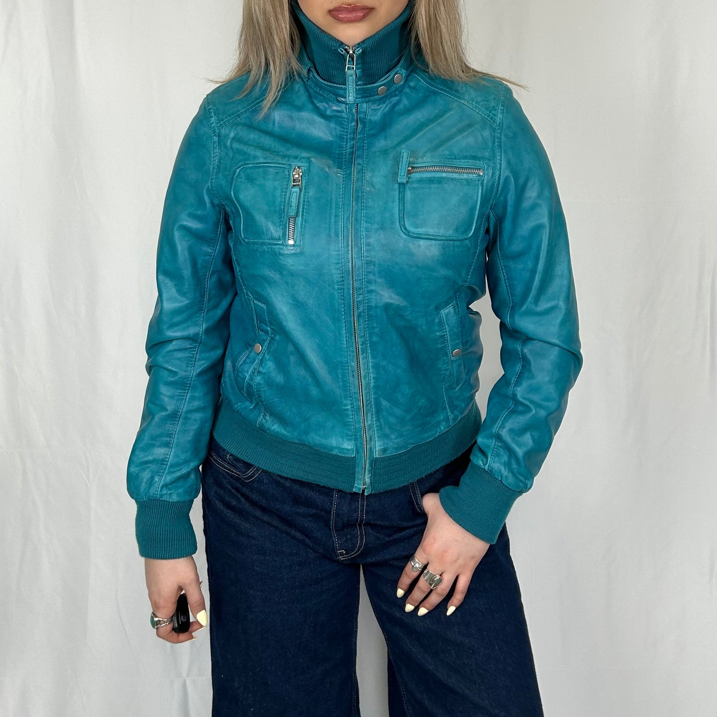 Vintage y2k style blue leather jacket