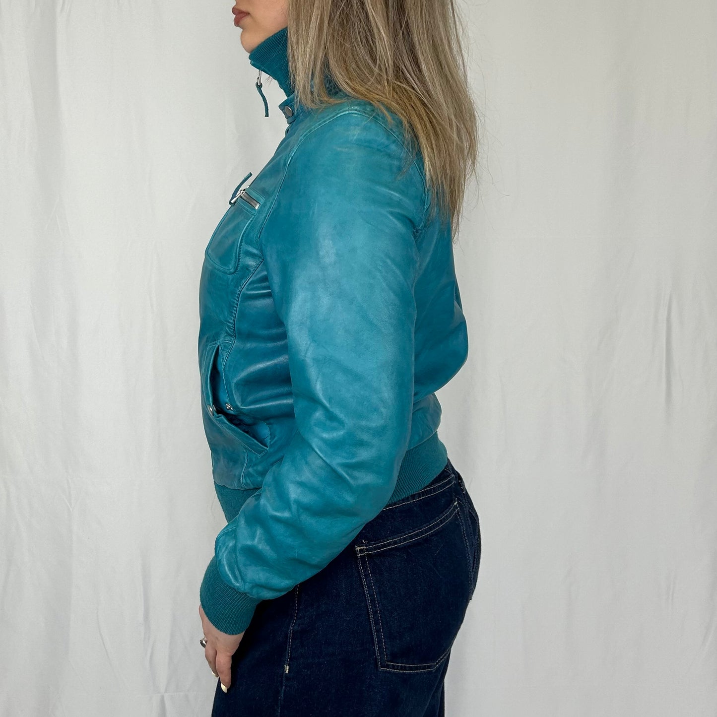Vintage y2k style blue leather jacket