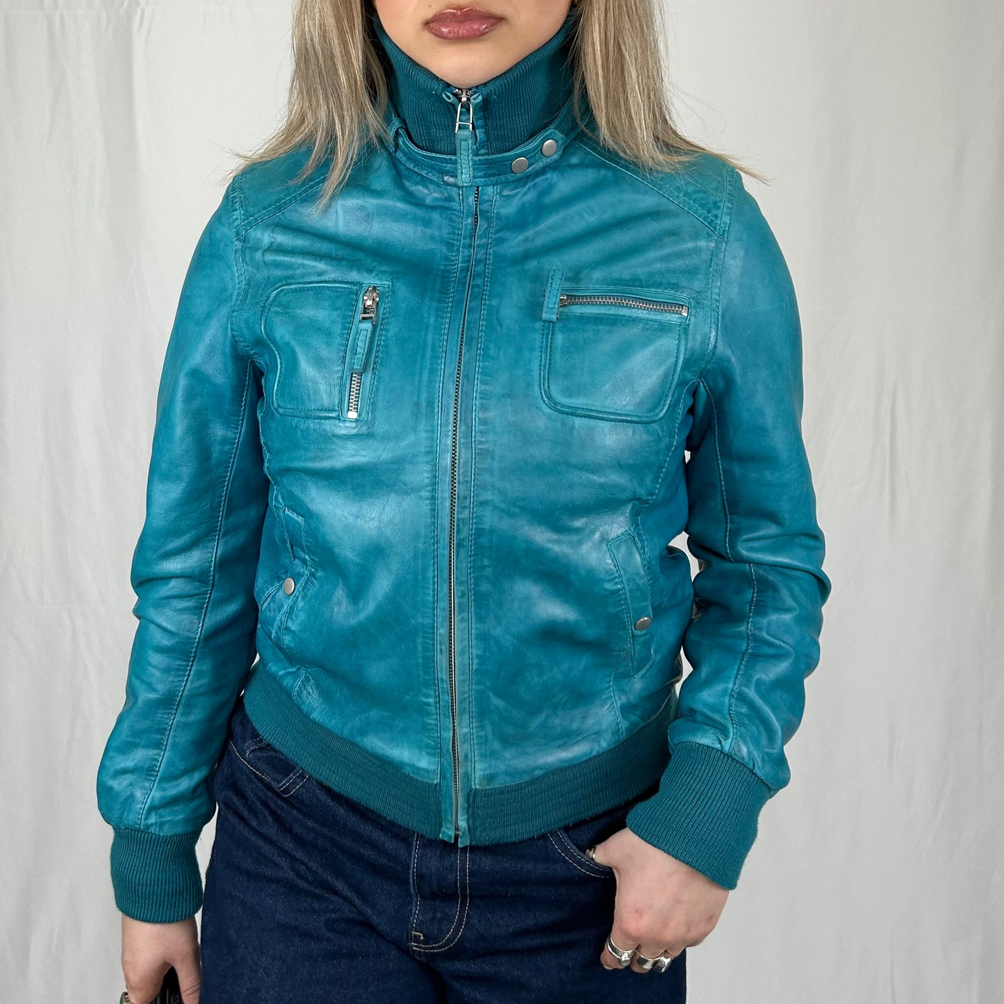 Vintage y2k style blue leather jacket