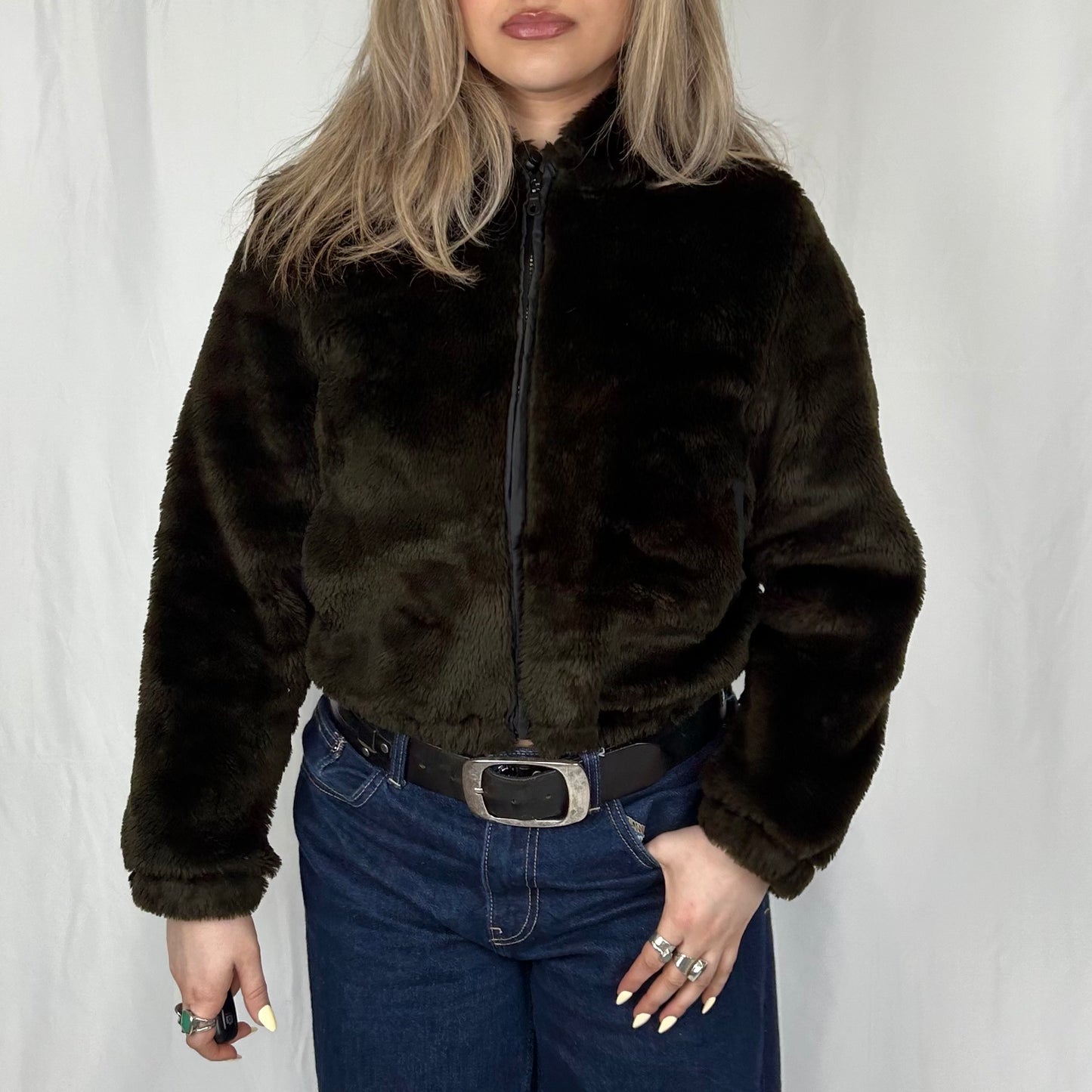 Vintage y2k style brown faux fur hooded jacket