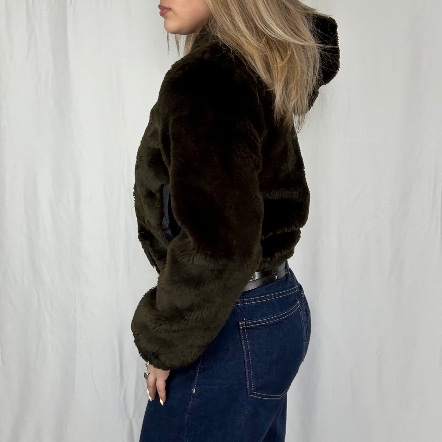 Vintage y2k style brown faux fur hooded jacket