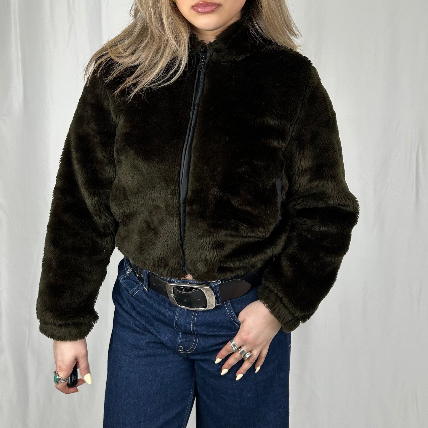 Vintage y2k style brown faux fur hooded jacket