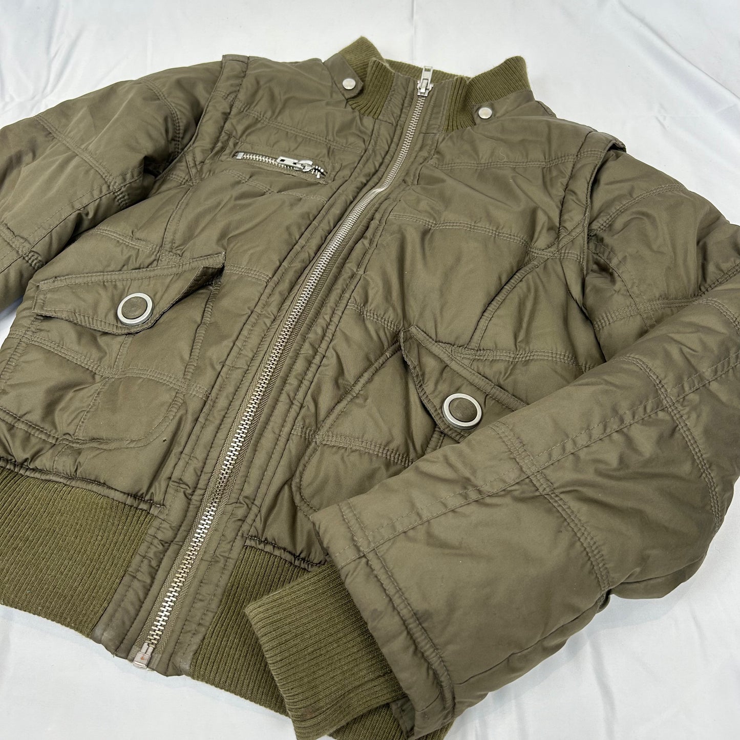 Vintage y2k style khaki puffer jacket with lace up detail