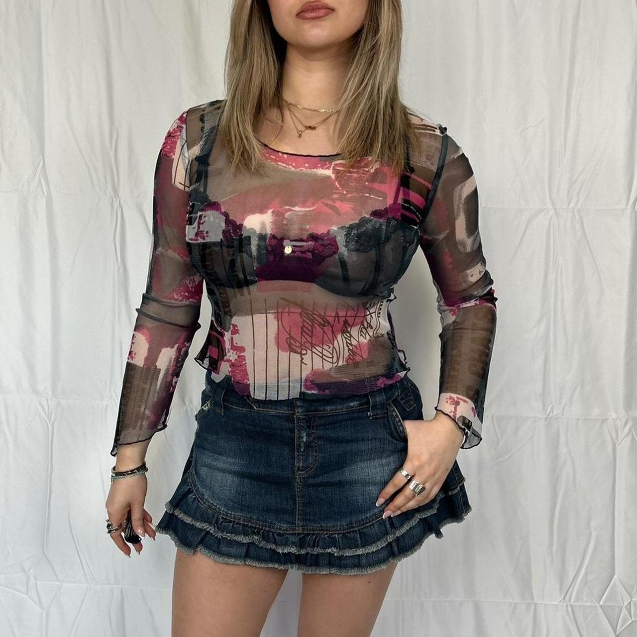 Vintage y2k style printed long sleeve mesh top