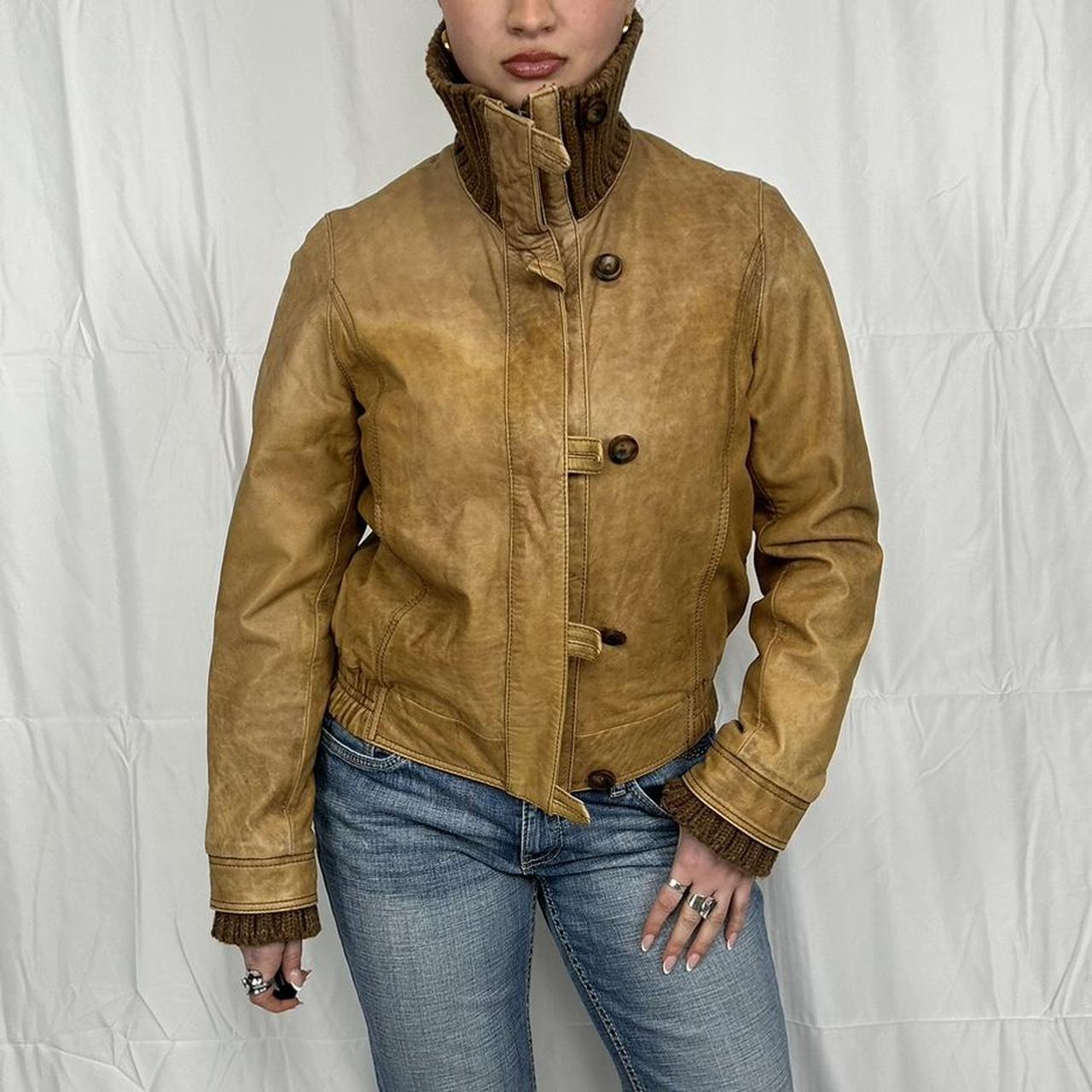 Vintage y2k style brown leather jacket with ribbed detailing