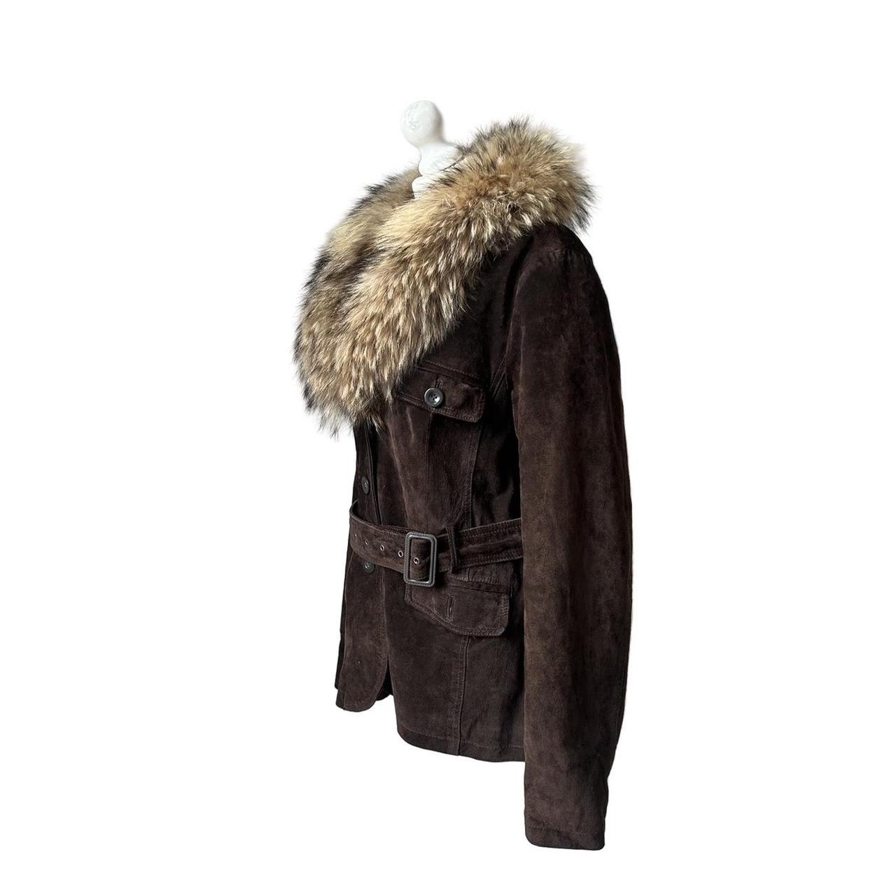 Vintage y2k style brown suede leather jacket with faux fur collar
