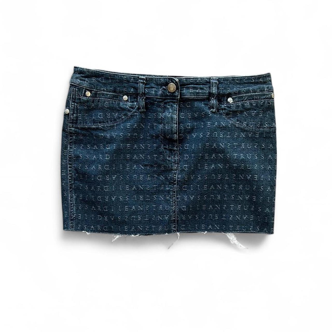 Vintage Y2K style dark wash printed denim mini skirt