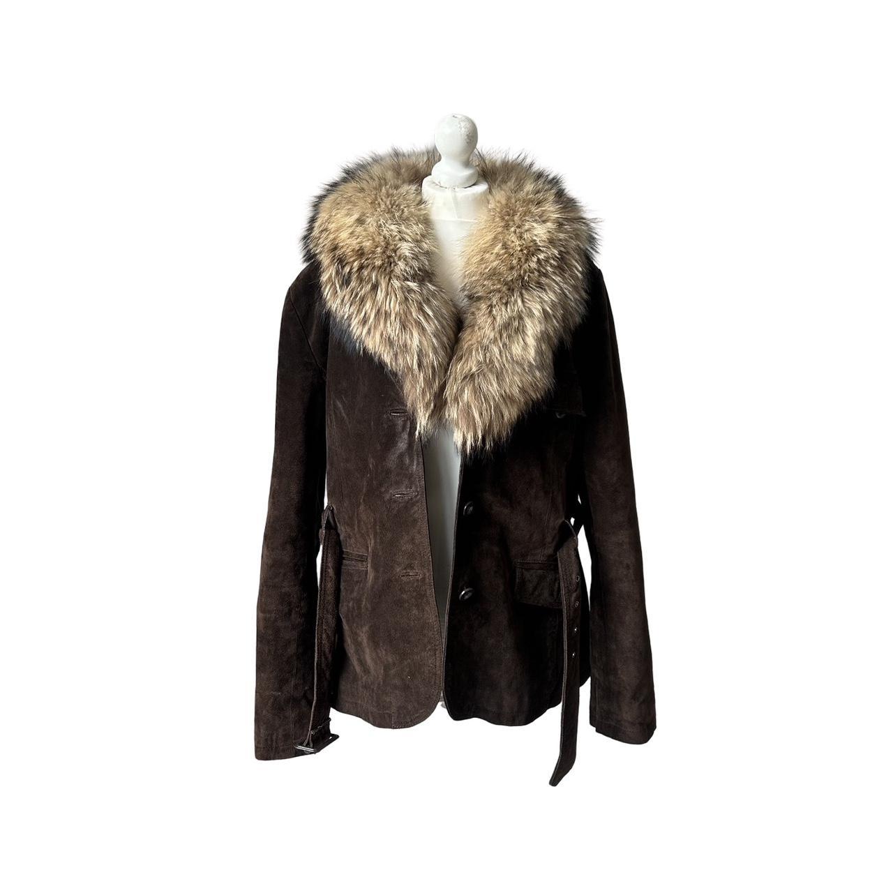 Vintage y2k style brown suede leather jacket with faux fur collar