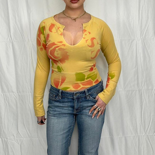 Vintage y2k style yellow Guess graphic long sleeve top