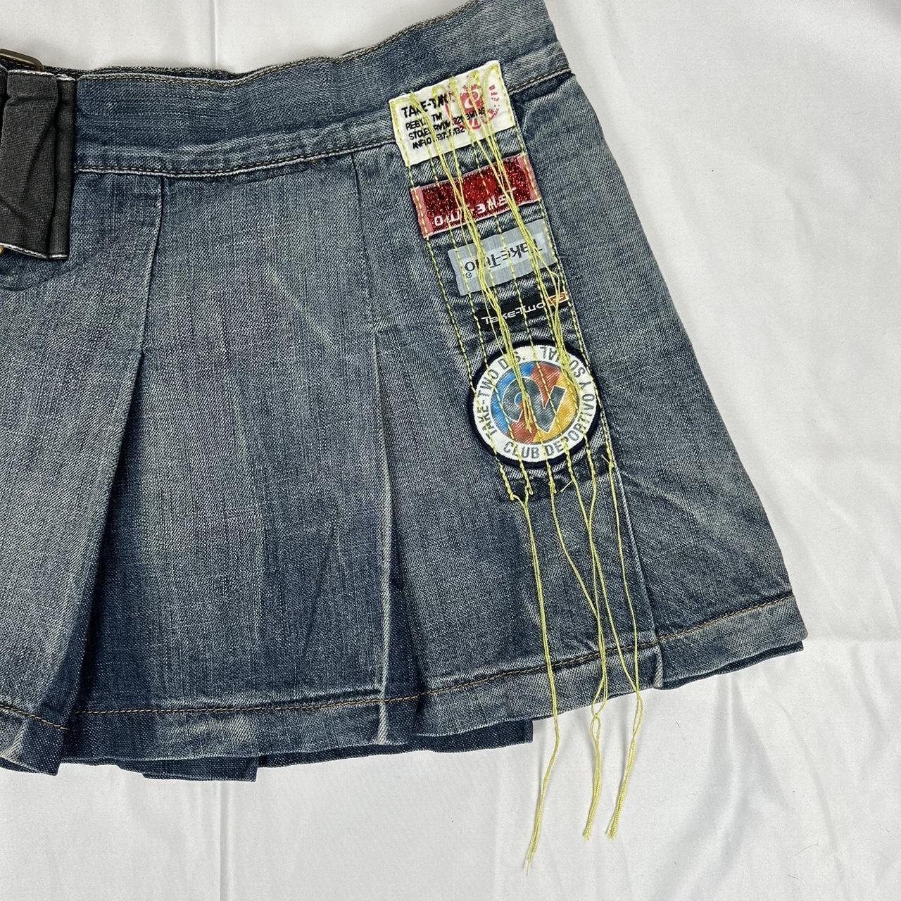 Vintage y2k style denim patchwork pleated mini skirt