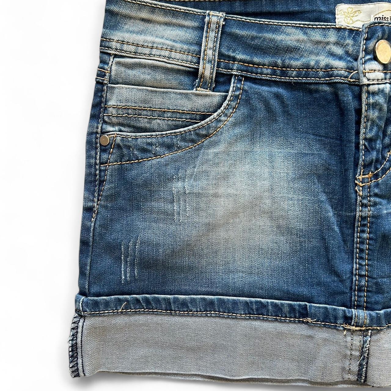 Vintage Y2K style mid wash distressed denim mini skirt