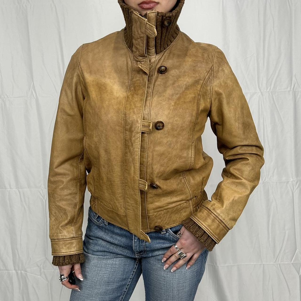 Vintage y2k style brown leather jacket with ribbed detailing