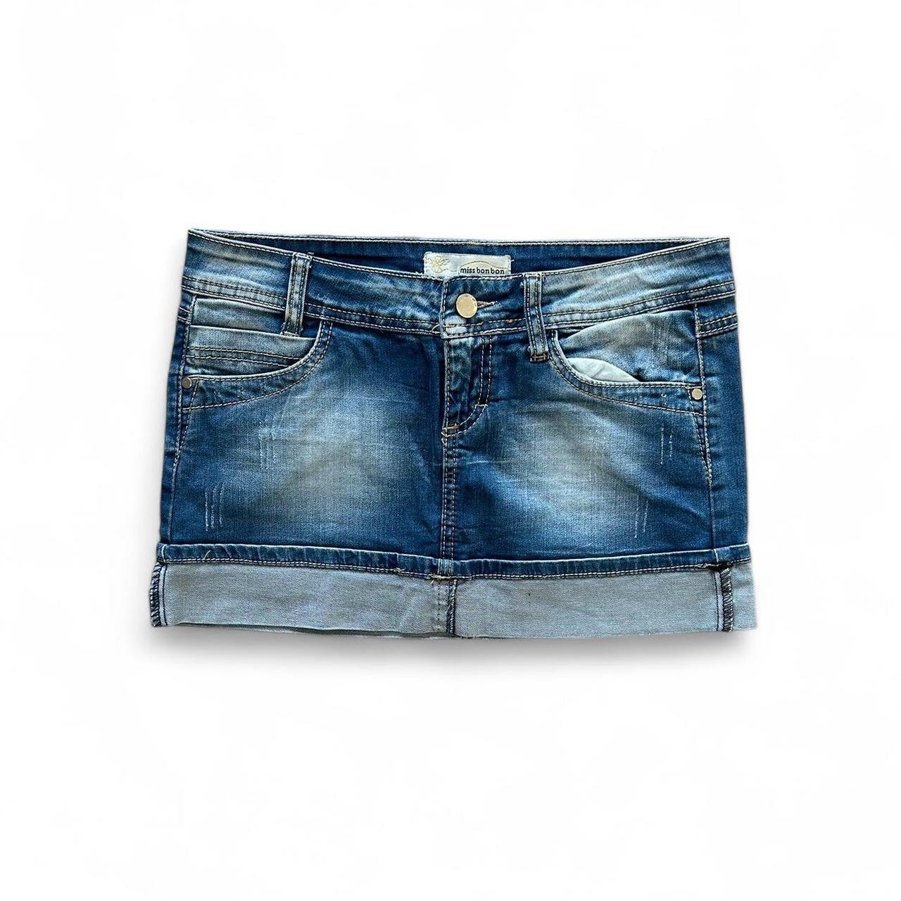 Vintage Y2K style mid wash distressed denim mini skirt