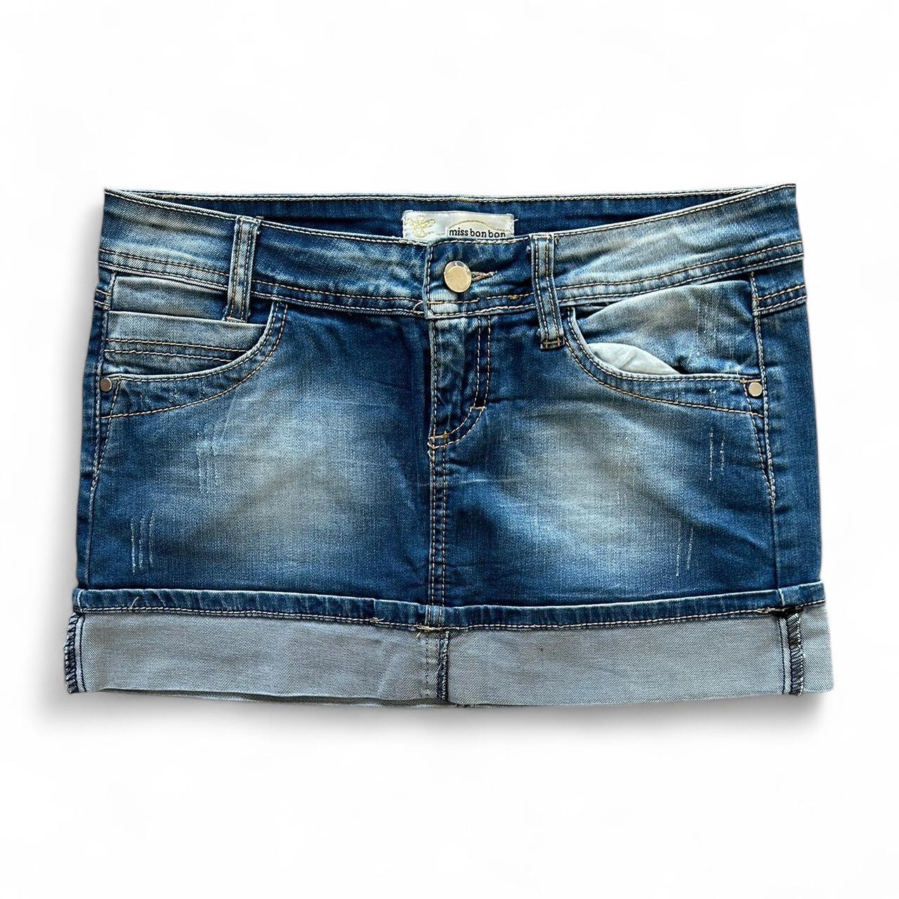Vintage Y2K style mid wash distressed denim mini skirt