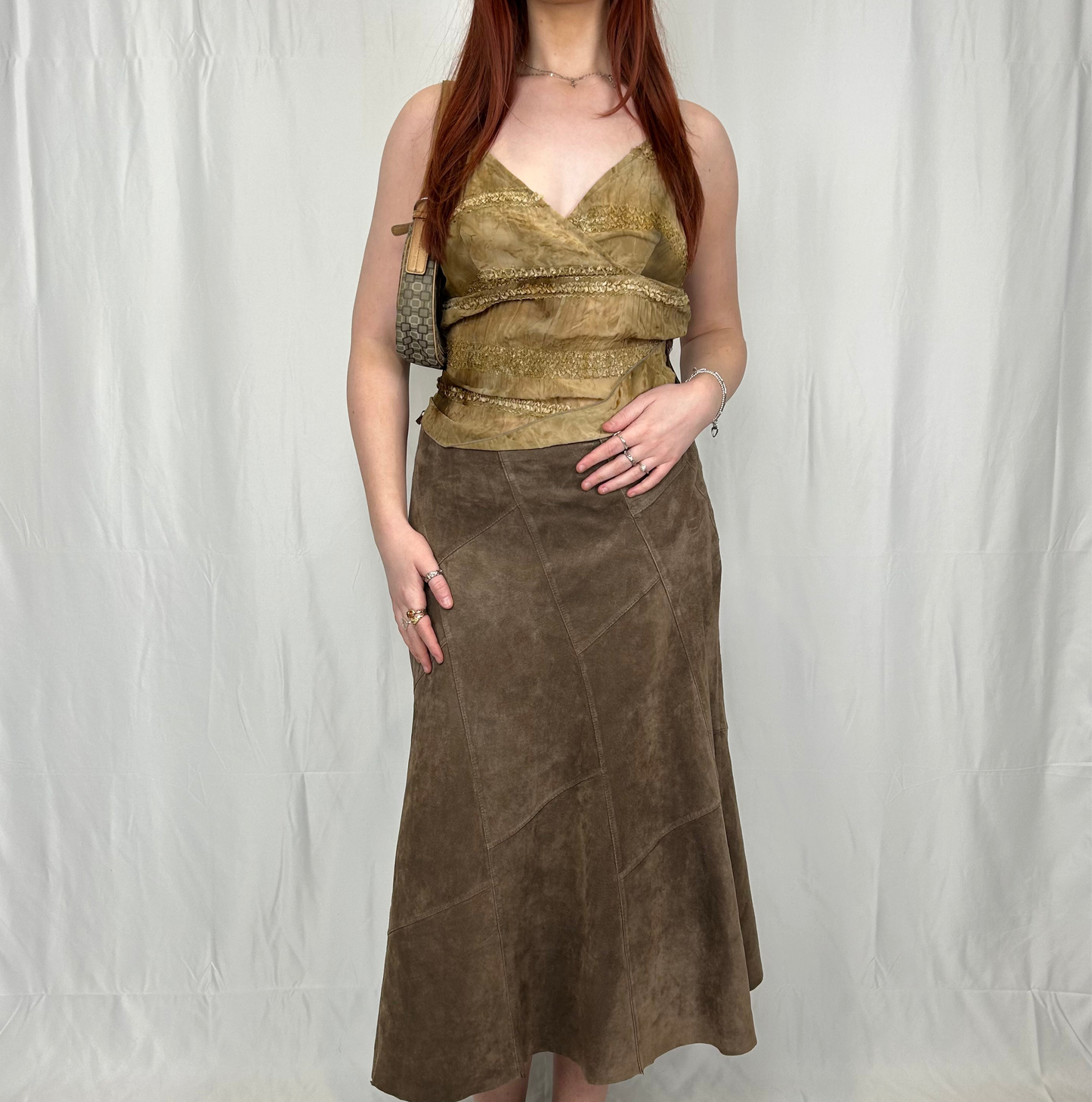 Vintage y2k style brown suede long skirt