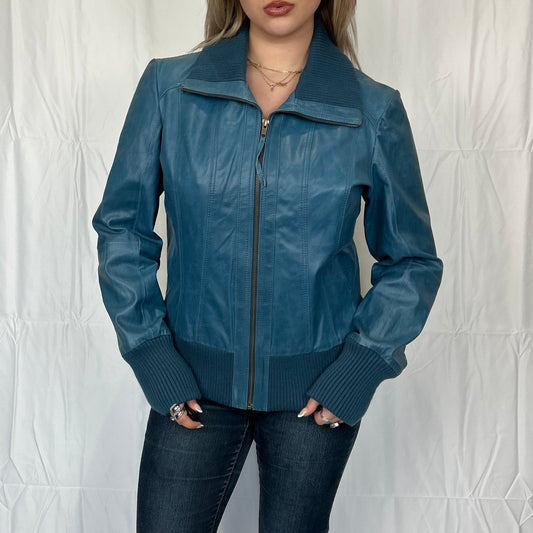 Vintage y2k style blue ribbed leather jacket
