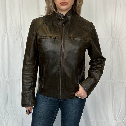 Vintage y2k style distressed brown leather moto jacket