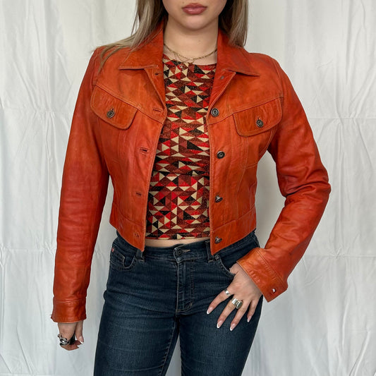 Vintage y2k style orange cropped leather jacket